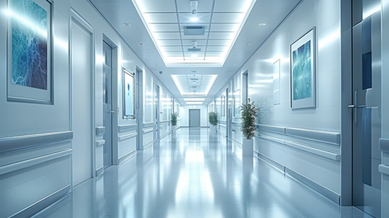In the inpatient department. The corridor has a quiet atmosphere with a modern high-tech design.