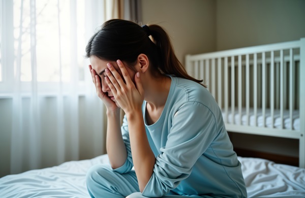 Woman in light blue pajamas sitting on a bed with her face in her hands, appearing overwhelmed with grief in a softly lit bedroom with a baby crib in the background.