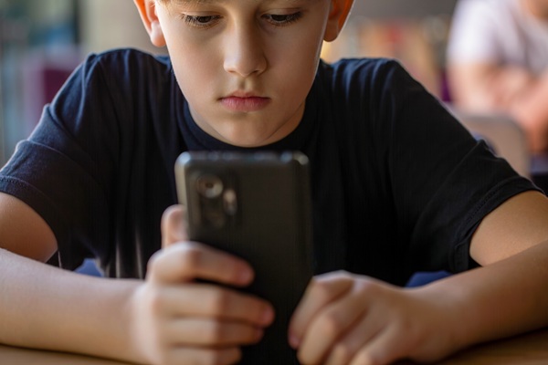 Young boy in a dark shirt sitting at a table and closely looking at a smartphone held in both hands.
